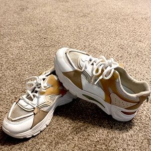 SHEIN running sneaker in colors sage green, light, dark tan, orange, white.